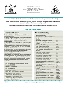 Crc - Liquor List American Whiskey American Whiskey Products Listed As Certified Are Preferable to Those Not Recommended Listed As Approved