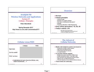 18-452/18-750 Wireless Networks and Applications Overview Cellular