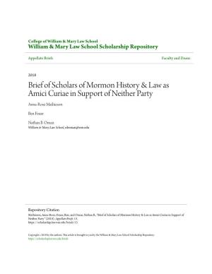 Brief of Scholars of Mormon History & Law As Amici Curiae in Support Of