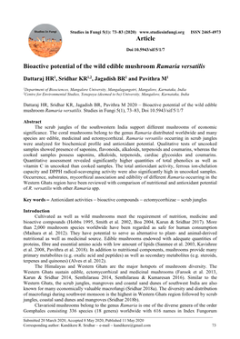 Bioactive Potential of the Wild Edible Mushroom Ramaria Versatilis Article