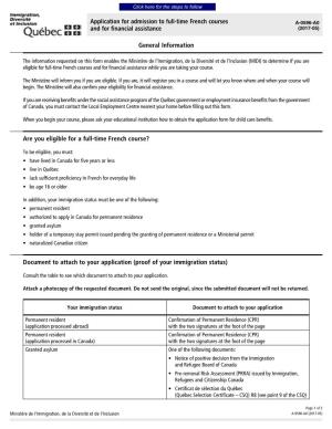 Application for Admission to Full-Time French Courses and for Financial Assistance