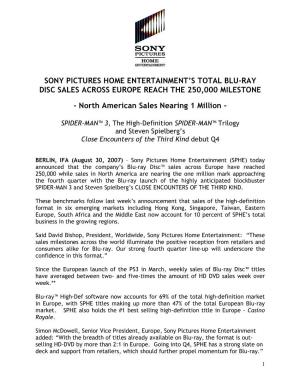 Sony Pictures Home Entertainment’S Total Blu-Ray Disc Sales Across Europe Reach the 250,000 Milestone