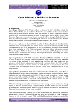 Oscar Wilde As: a Trail Blazer Dramatist