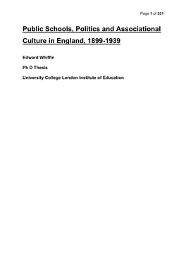 Public Schools, Politics and Associational Culture in England, 1899-1939