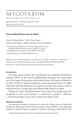 &lt;I&gt;Lecidea&lt;/I&gt; Lichens New to China