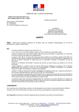 2018.01.03 Arrêté Préfectoral Portant Interdiction Temporaire De Circulation Sur Le Pont De Normandie.Pdf