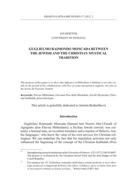 Guglielmo Raimondo Moncada Between the Jewish and the Christian Mystical Tradition