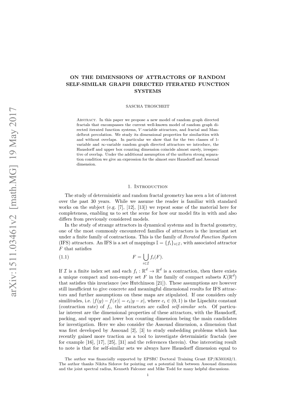 Arxiv:1511.03461V2 [Math.MG] 19 May 2017 Osadfrhrasmtoso Hs Asaesiuae.I on If Stipulated