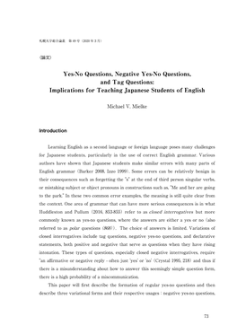 Yes-No Questions, Negative Yes-No Questions, and Tag Questions: Implications for Teaching Japanese Students of English