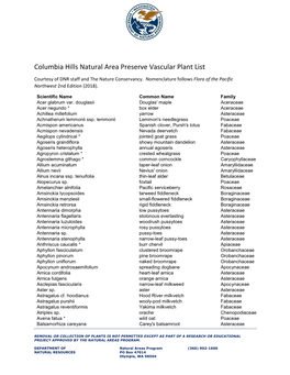 Columbia Hills Natural Area Preserve Vascular Plant List