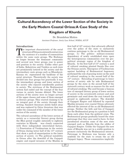 Cultural Ascendency of the Lower Section of the Society in the Early Modern Coastal Orissa: a Case Study of the Kingdom of Khurda Dr