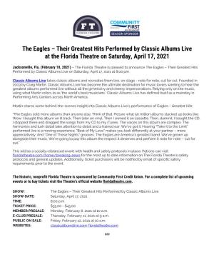 The Eagles – Their Greatest Hits Performed by Classic Albums Live at the Florida Theatre on Saturday, April 17, 2021