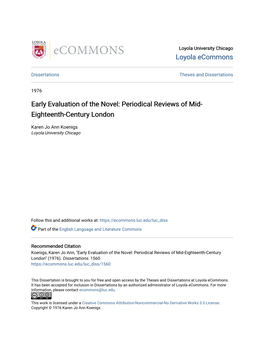 Early Evaluation of the Novel: Periodical Reviews of Mid-Eighteenth-Century London" (1976)