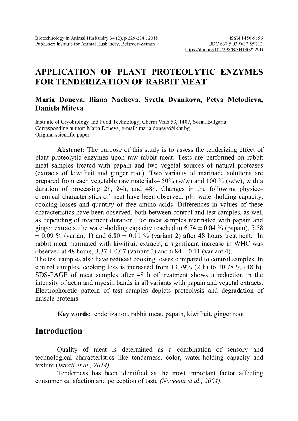 Application of Plant Proteolytic Enzymes for Tenderization of Rabbit Meat