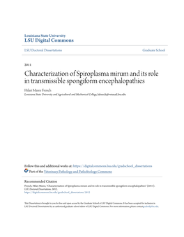 Characterization of Spiroplasma Mirum and Its Role in Transmissible