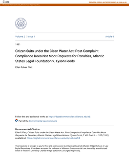 Citizen Suits Under the Clean Water Act: Post-Complaint Compliance Does Not Moot Requests for Penalties, Atlantic States Legal Foundation V