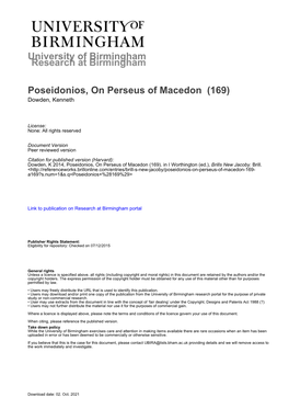 University of Birmingham Poseidonios, on Perseus of Macedon (169)