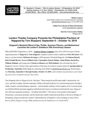 Lantern Theater Company Presents the Philadelphia Premiere of Hapgood by Tom Stoppard, September 6 – October 14, 2018