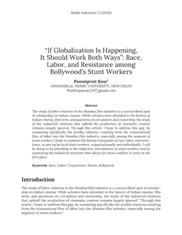 “If Globalization Is Happening, It Should Work Both Ways”: Race, Labor, and Resistance Among Bollywood’S Stunt Workers