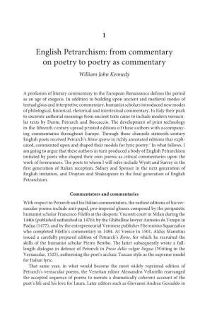 English Petrarchism: from Commentary on Poetry to Poetry As Commentary William John Kennedy