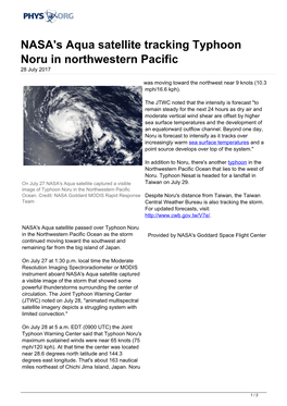 NASA's Aqua Satellite Tracking Typhoon Noru in Northwestern Pacific 28 July 2017