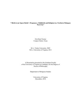 “'Birth Is Our Spear Battle': Pregnancy, Childbirth and Religion in a Northern Malagasy Port City” Erin Kate Nourse Corp