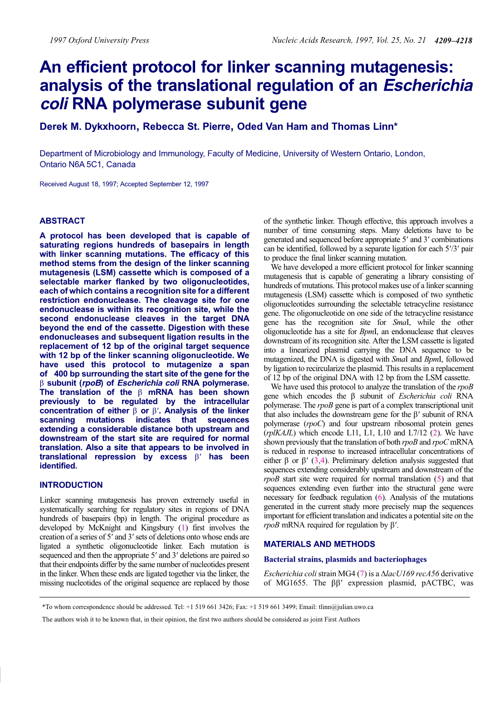 An Efficient Protocol for Linker Scanning Mutagenesis: Analysis of the Translational Regulation of an Escherichia Coli RNA Polymerase Subunit Gene Derek M