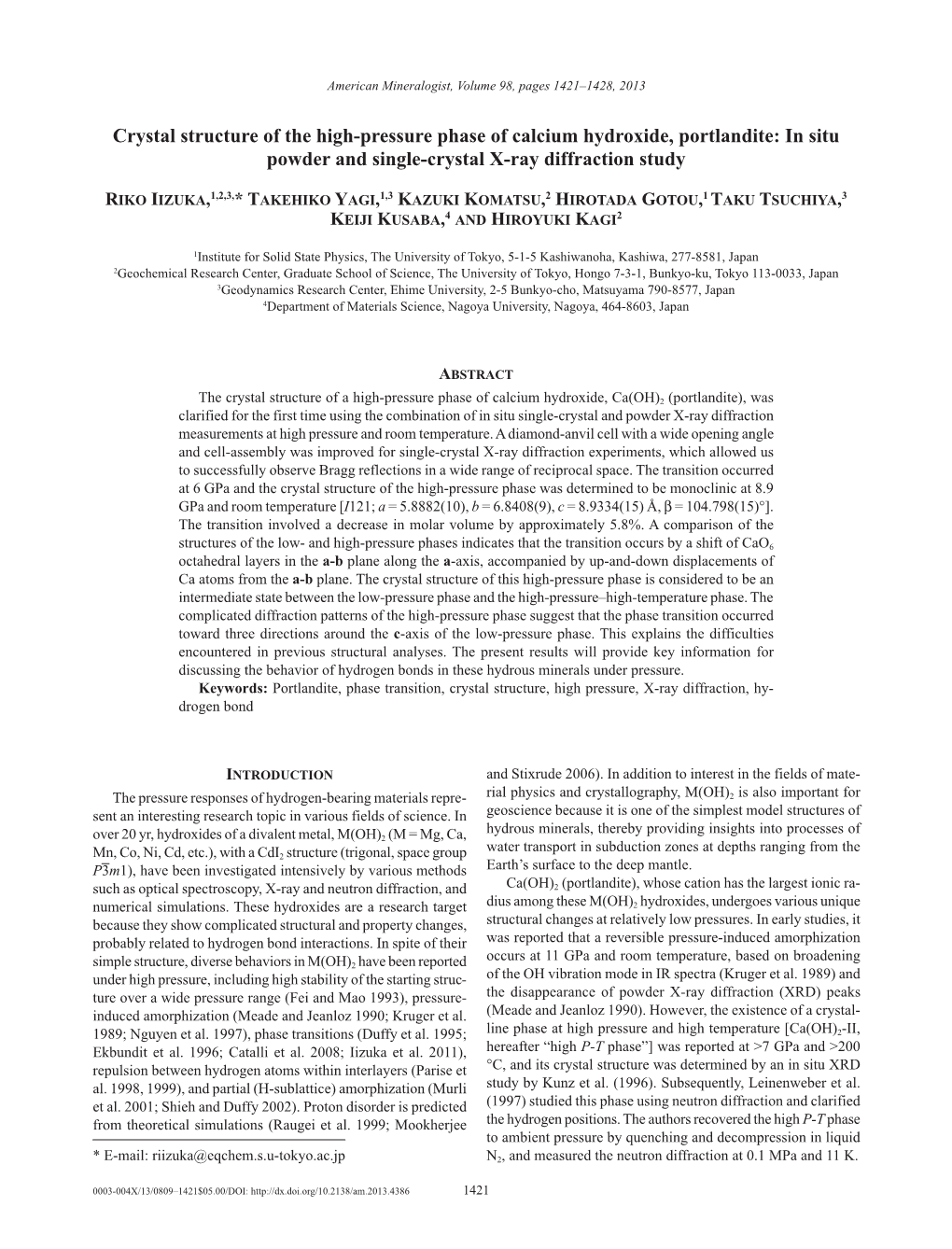 Crystal Structure of the High-Pressure Phase of Calcium Hydroxide, Portlandite: in Situ Powder and Single-Crystal X-Ray Diffraction Study