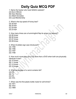 Daily Quiz MCQ PDF 1