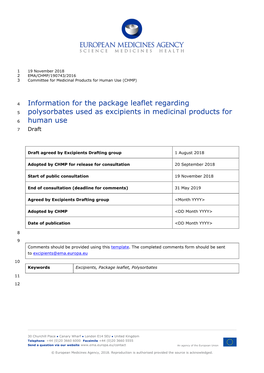 Information for the Package Leaflet Regarding Polysorbates Used As Excipients in Medicinal Products for Human Use EMA/CHMP/190743/2016 Page 2/42