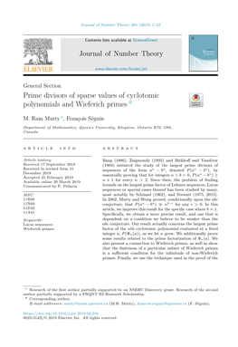 Prime Divisors of Sparse Values of Cyclotomic Polynomials and Wieferich Primes