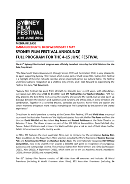 Sydney Film Festival Announce Full Program for the 4-15 June Festival