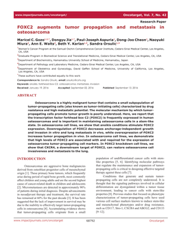 FOXC2 Augments Tumor Propagation and Metastasis in Osteosarcoma