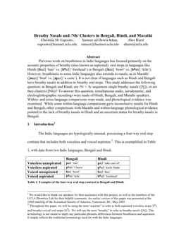 Breathy Nasals and /Nh/ Clusters in Bengali, Hindi, and Marathi Christina M