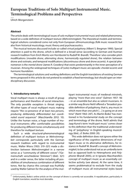 European Traditions of Solo Multipart Instrumental Music. Terminological Problems and Perspectives Ulrich Morgenstern