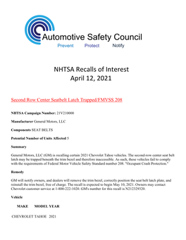 NHTSA Recalls of Interest April 12, 2021