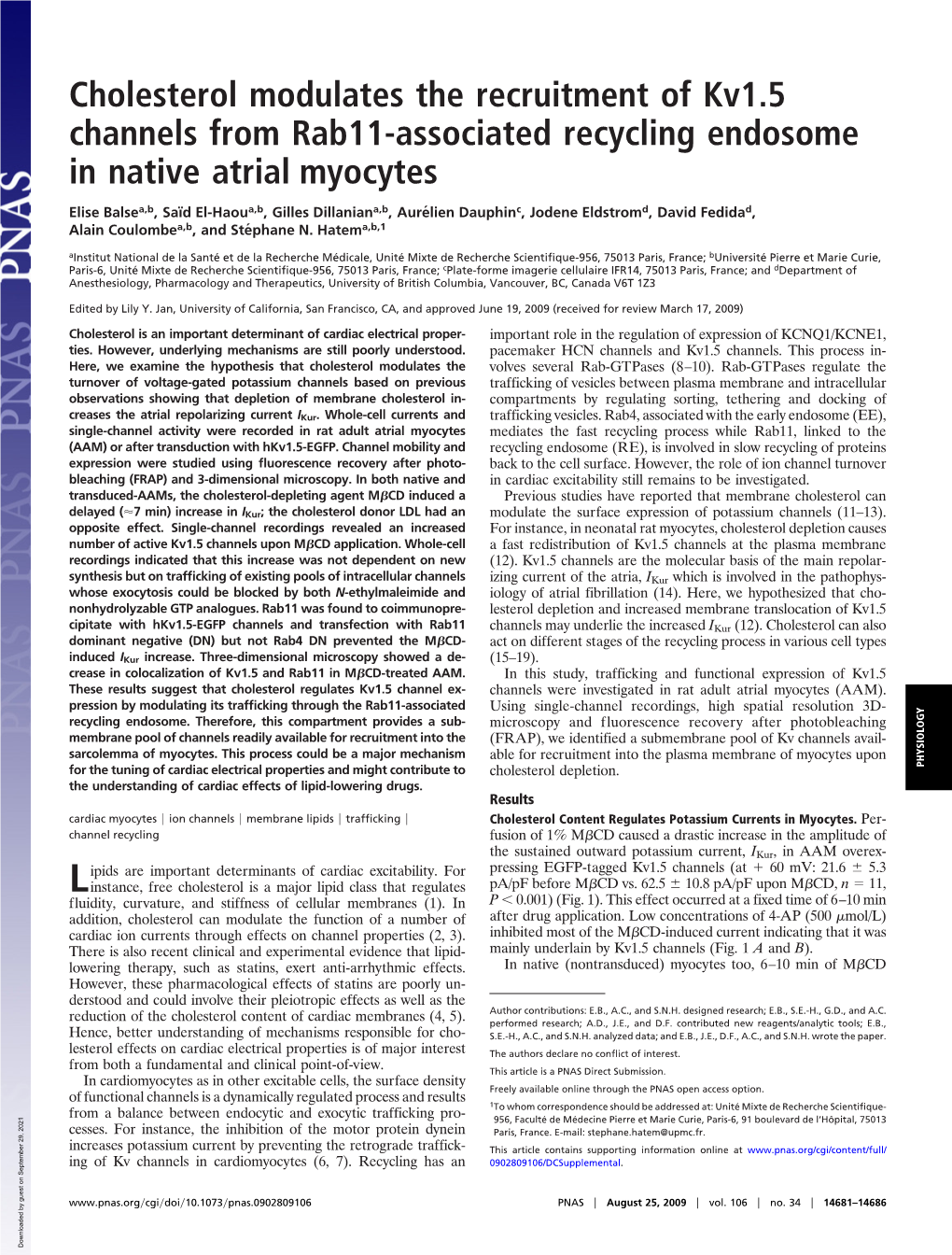 Cholesterol Modulates the Recruitment of Kv1.5 Channels from Rab11-Associated Recycling Endosome in Native Atrial Myocytes