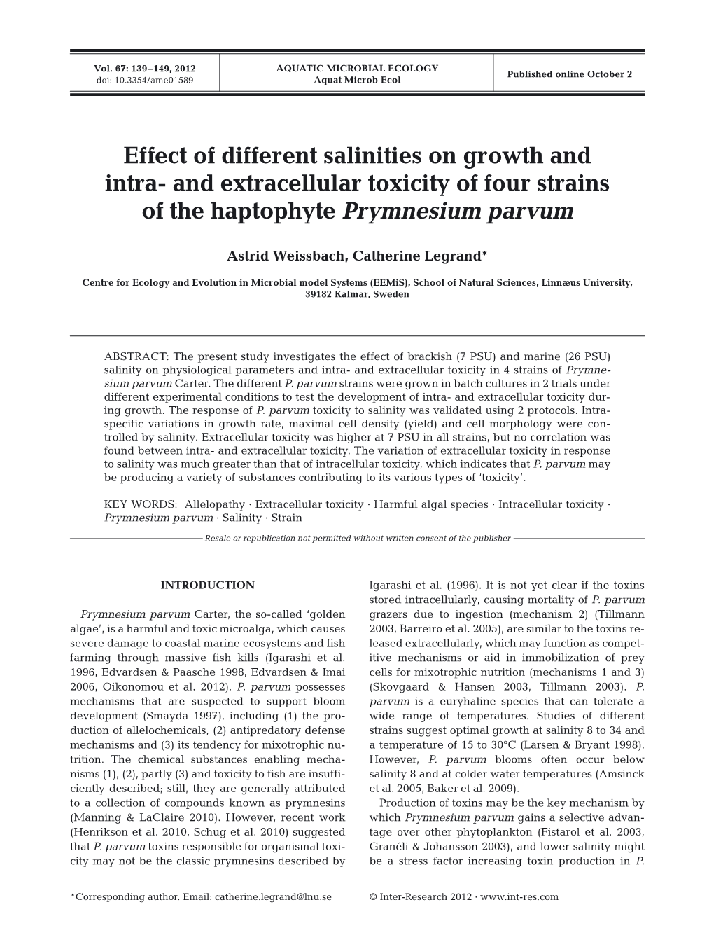 Effect of Different Salinities on Growth and Intra-And Extracellular Toxicity