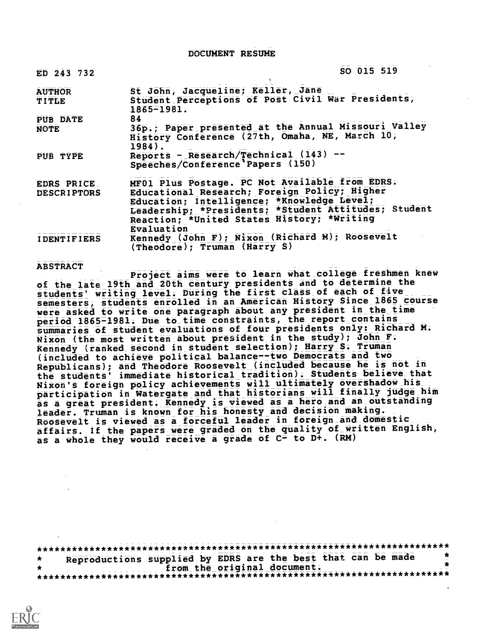 Student Perceptions of Post Civil War Presidents, 1865-1981