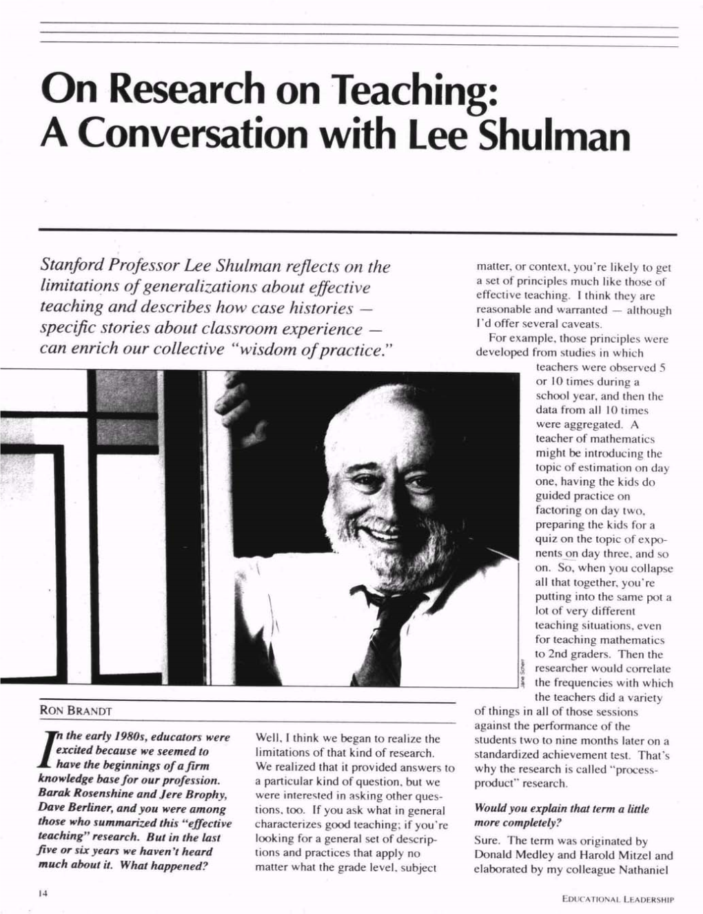 On Research on Teaching: a Conversation with Lee Shulman