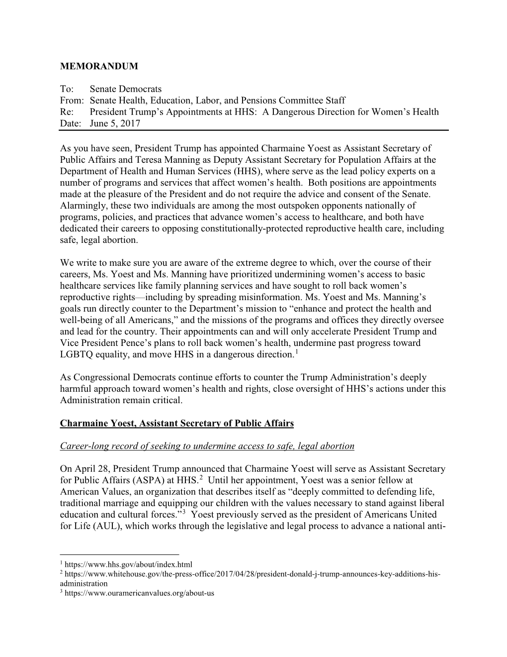 MEMORANDUM To: Senate Democrats From: Senate Health