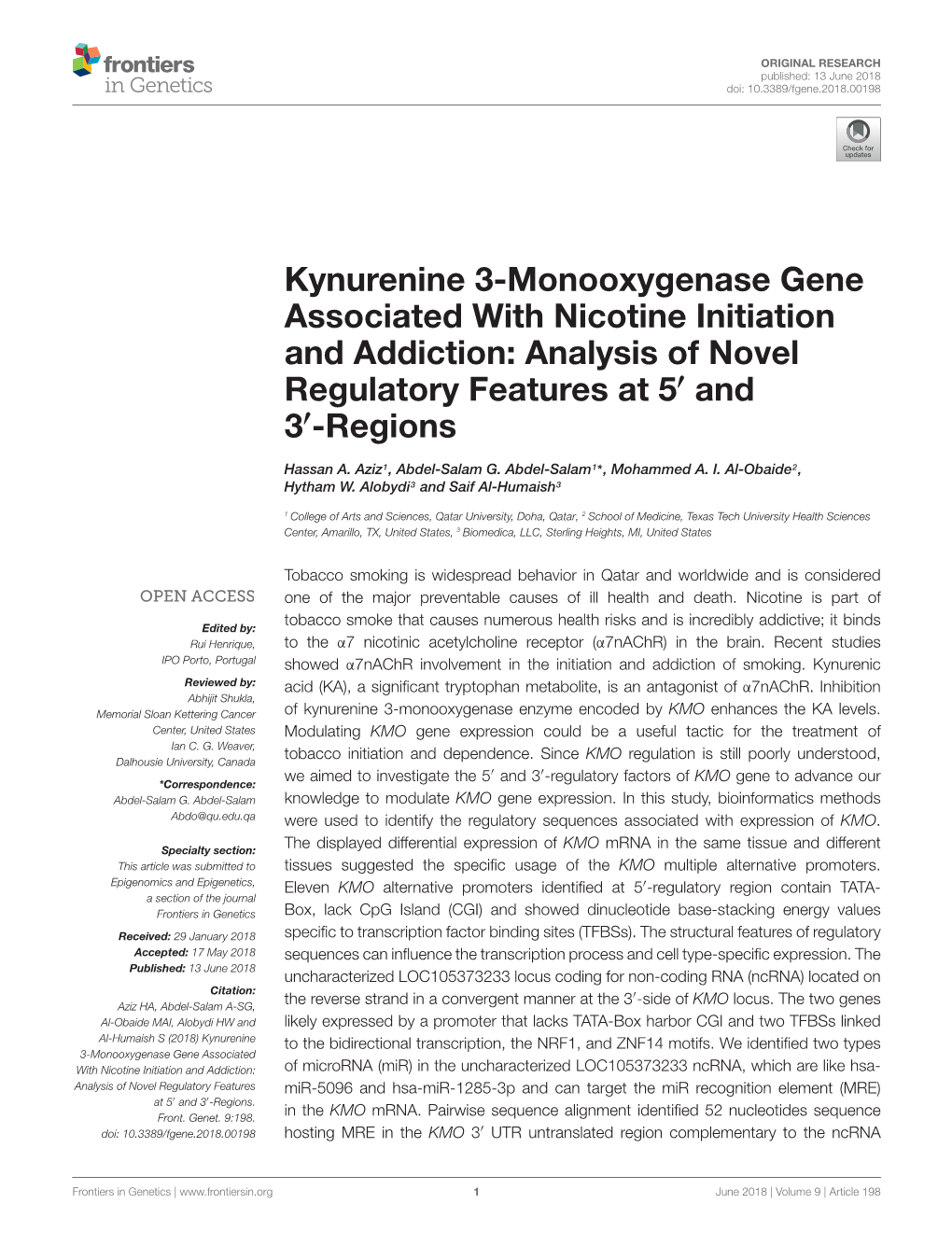 Kynurenine 3-Monooxygenase Gene Associated with Nicotine Initiation and Addiction: Analysis of Novel Regulatory Features at 50 and 30-Regions