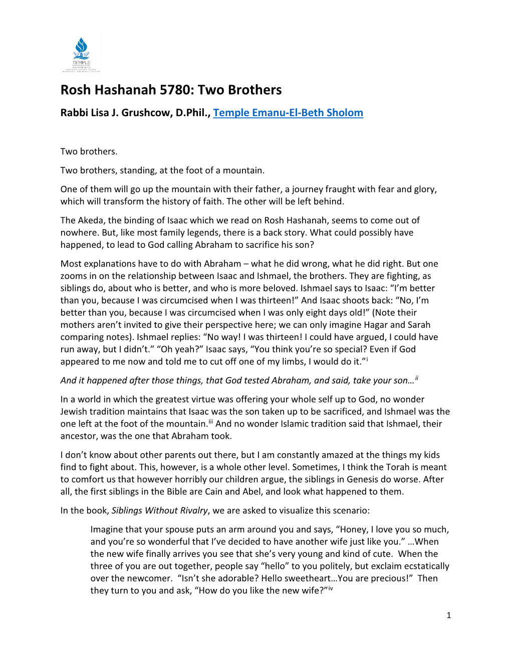 Rosh Hashanah 5780: Two Brothers Rabbi Lisa J