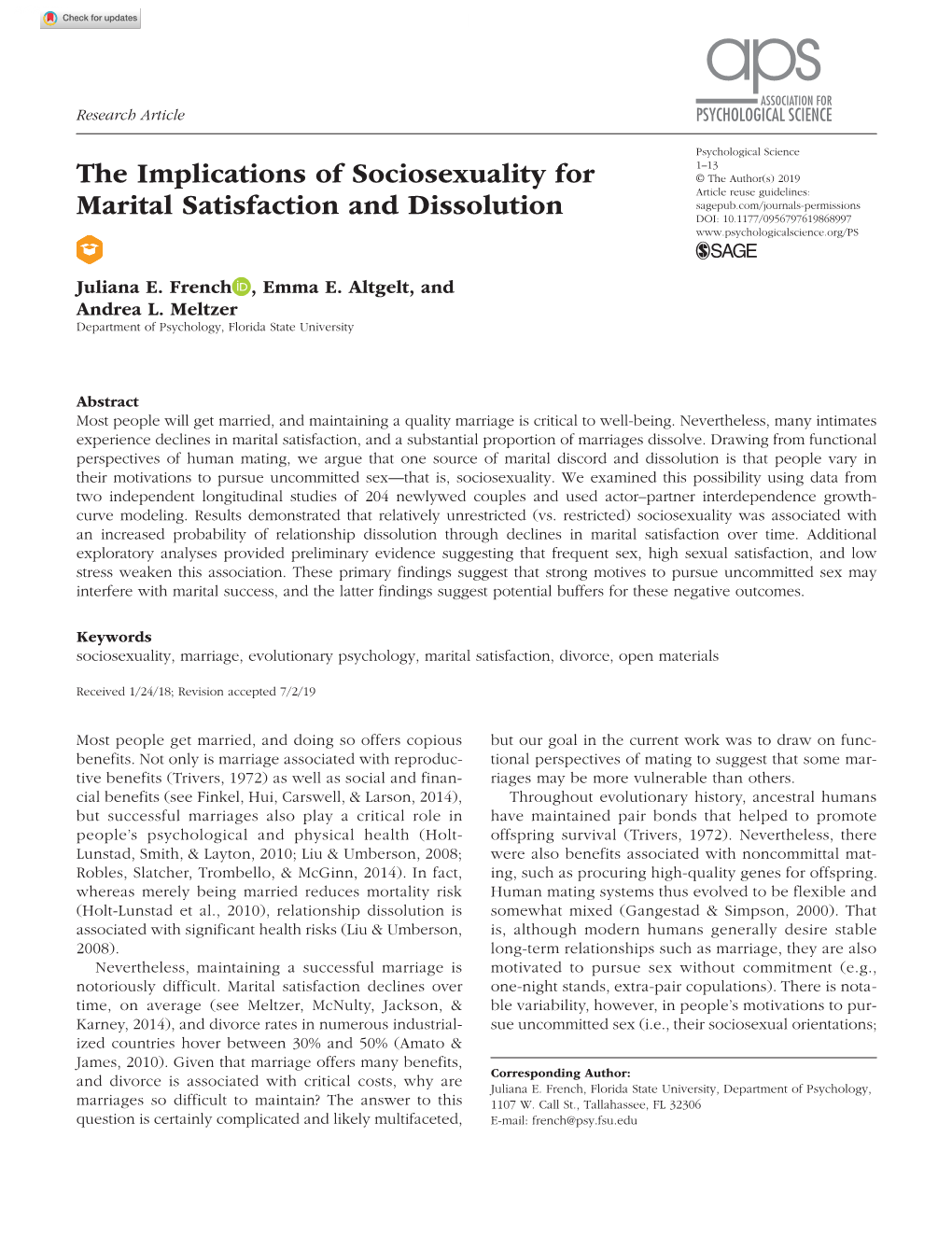 The Implications of Sociosexuality for Marital Satisfaction and Dissolution