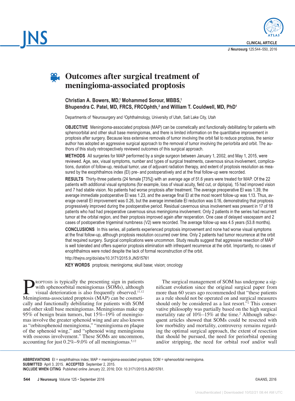 Outcomes After Surgical Treatment of Meningioma-Associated Proptosis