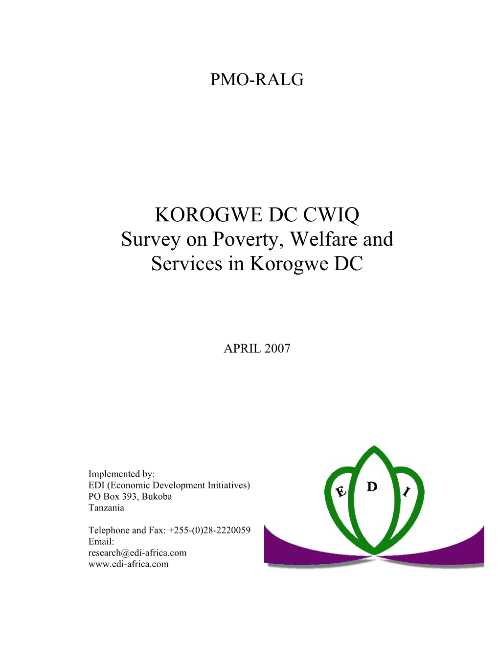 KOROGWE DC CWIQ Survey on Poverty, Welfare and Services in Korogwe DC