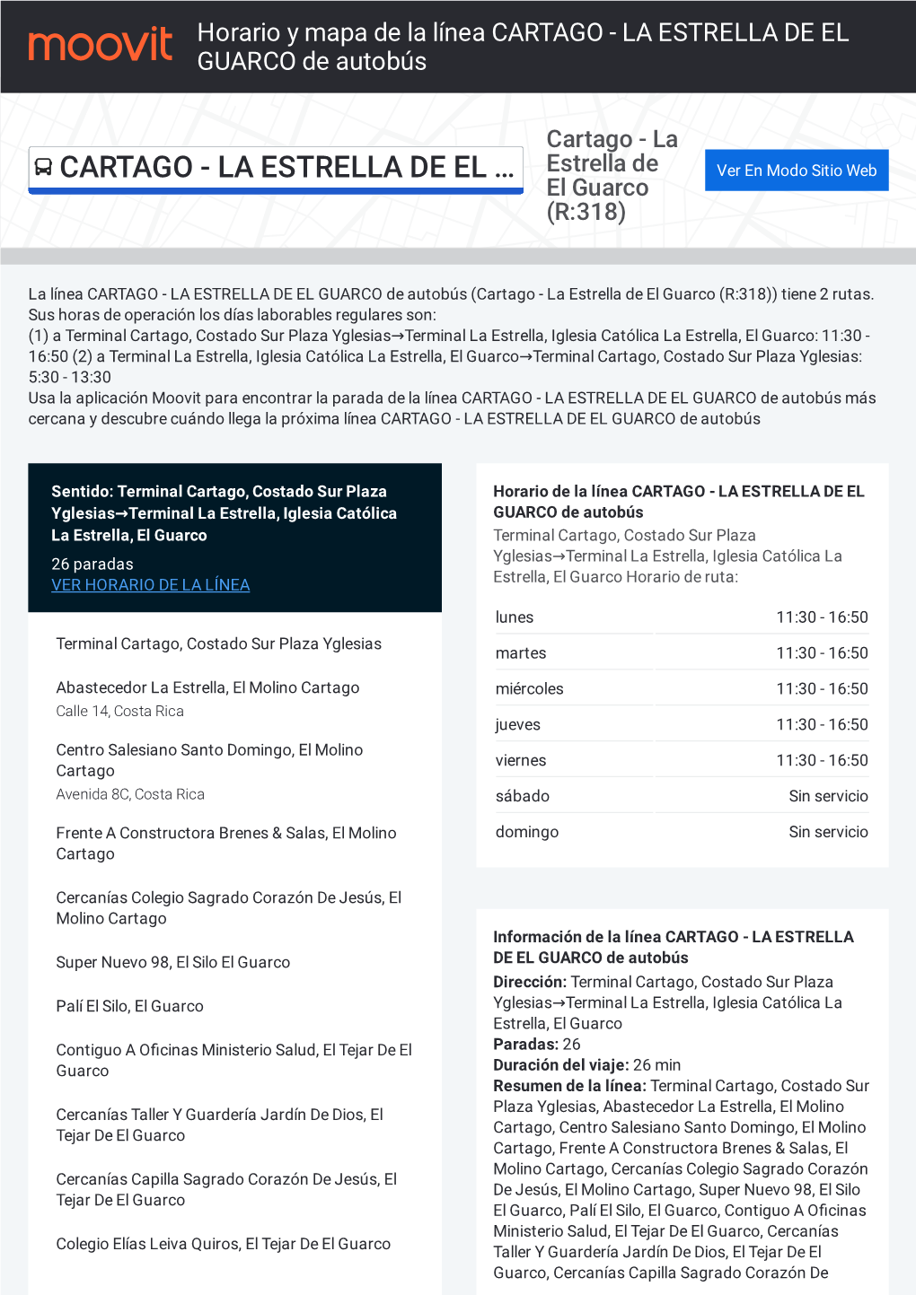 Horario Y Mapa De La Línea CARTAGO - LA ESTRELLA DE EL GUARCO De Autobús