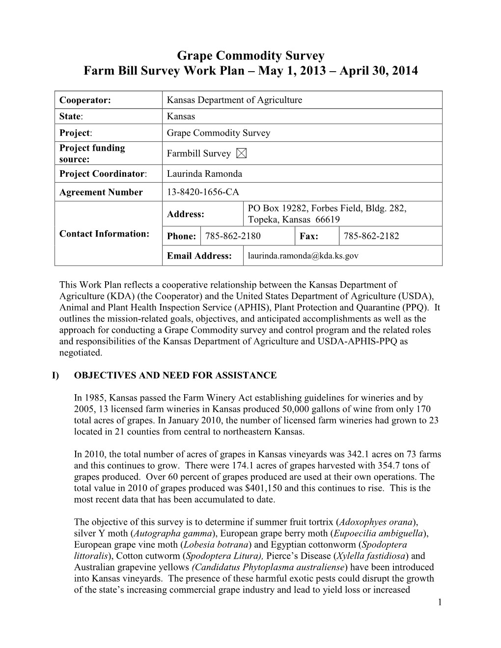 Grape Commodity Survey Farm Bill Survey Work Plan – May 1, 2013 – April 30, 2014