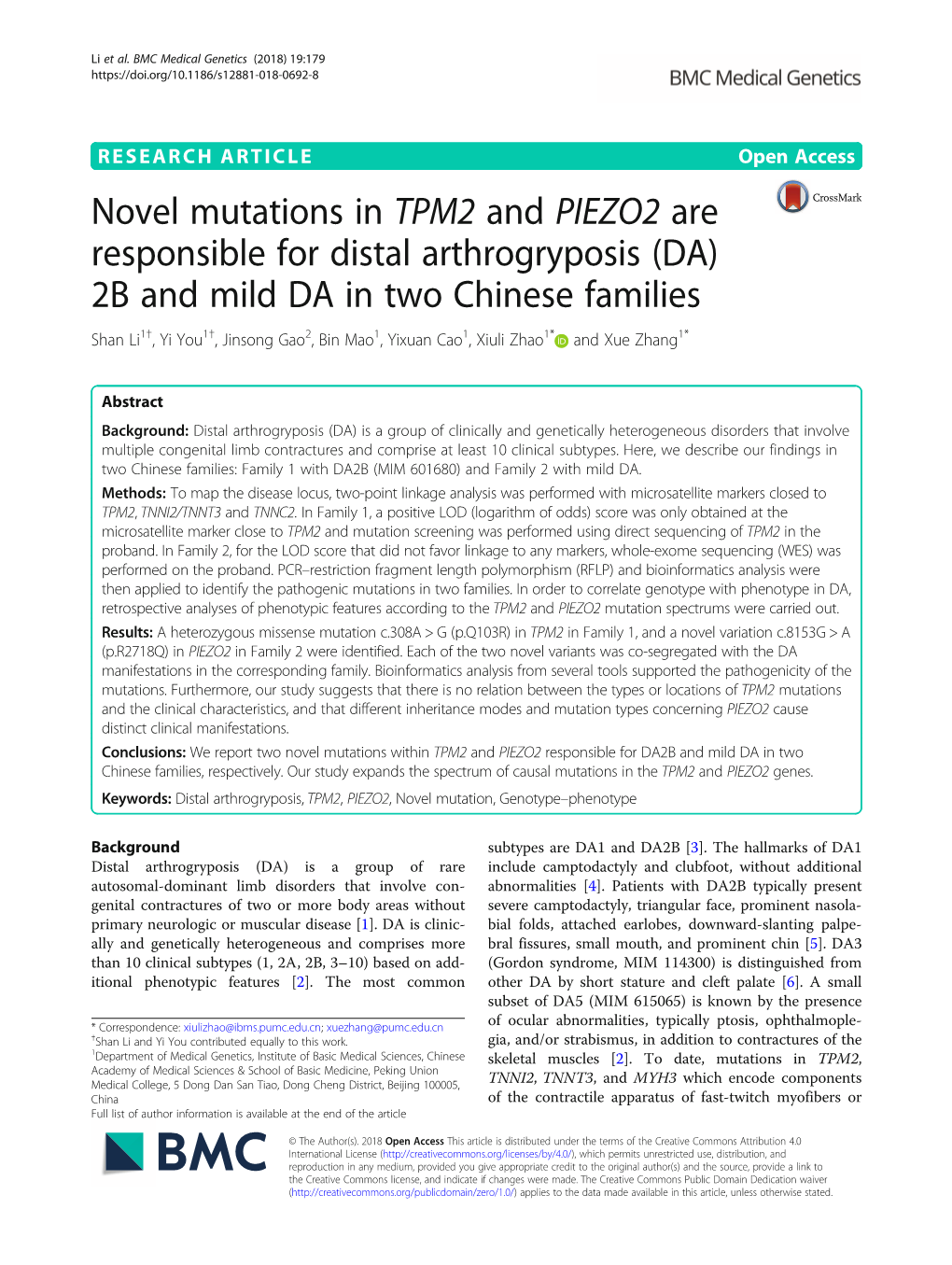 Novel Mutations in TPM2 and PIEZO2 Are Responsible for Distal