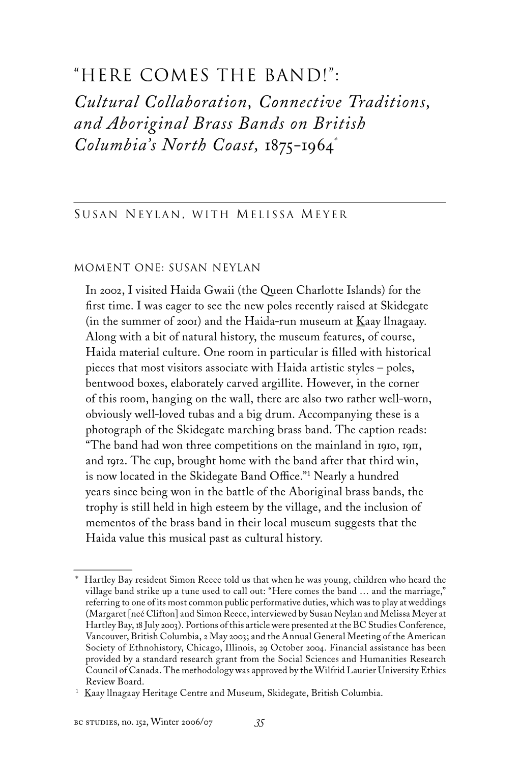 Cultural Collaboration, Connective Traditions, and Aboriginal Brass Bands on British Columbia's North Coast, 1875-1964